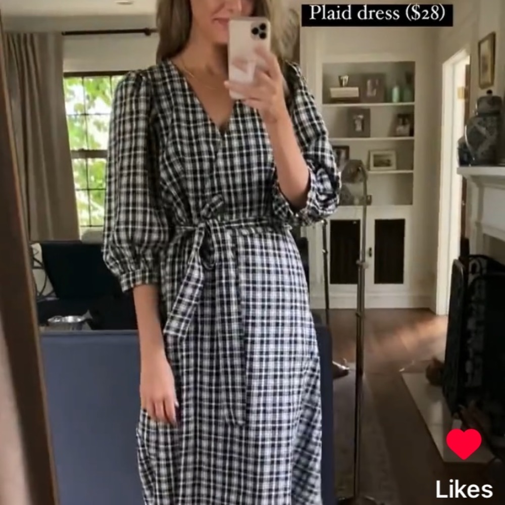 Puff-Sleeve, waist-tie Blk/Cream Plaid Dress: Target/A New Day, size XL